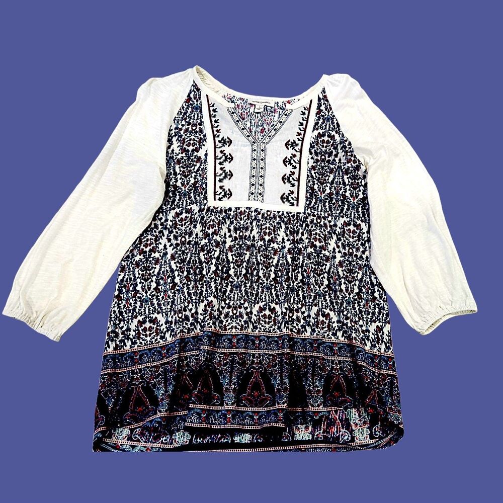 Boho Peasant Tunic Top Embroidered Print Long Sleeve Womens L - Picture 2 of 5